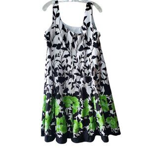 Willow Glenn NY Sleeveless A-Line Dress Black White Green Floral Print Mod